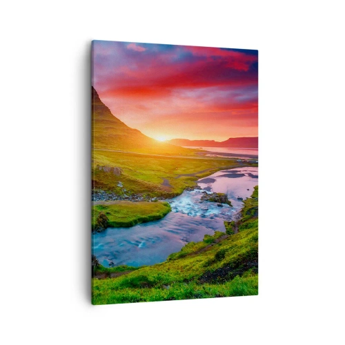 Bild auf Leinwand - Leinwandbild - Malerischer Wasserfall und Berg bei Sonnenuntergang - 50x70cm - Island - Feuer und Wasser - Moderne Wanddekoration für Wohnzimmer und Schlafzimmer ARTTOR