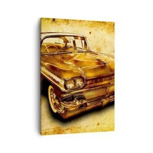 Bild auf Leinwand - Leinwandbild - Ein goldenes klassisches Retro-Auto auf einem Vintage-Hintergrund mit gealtertem Effekt. - 50x70cm - Die unvergängliche Schönheit der Klassiker - Moderne Wanddekoration für Wohnzimmer und Schlafzimmer ARTTOR
