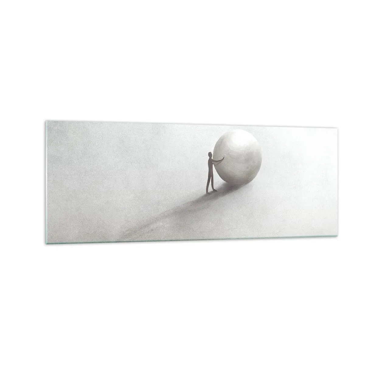 Glasbild - Bild auf glas - Eine minimalistische Figur mit einem Ball auf einem hellen, monochromen Hintergrund. - 140x50cm - Das Spiel des Lebens - Moderne Wanddekoration für Wohnzimmer und Schlafzimmer ARTTOR