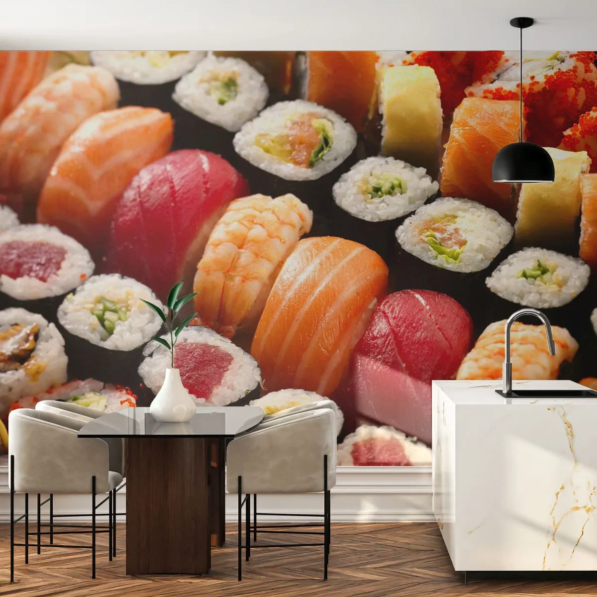 Fototapete Premium Sand - Eine bunte Komposition aus verschiedenen Sushi - 100x70cm - Farben und Aromen Asiens - Moderne Wanddekoration für Wohnzimmer und Schlafzimmer ARTTOR