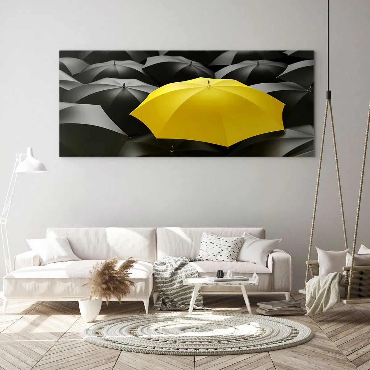 Glasbild - Bild auf glas - Ein gelber Regenschirm zwischen schwarzen Regenschirmen - 160x50cm - Auf Wiedersehen Trauer - Moderne Wanddekoration für Wohnzimmer und Schlafzimmer ARTTOR