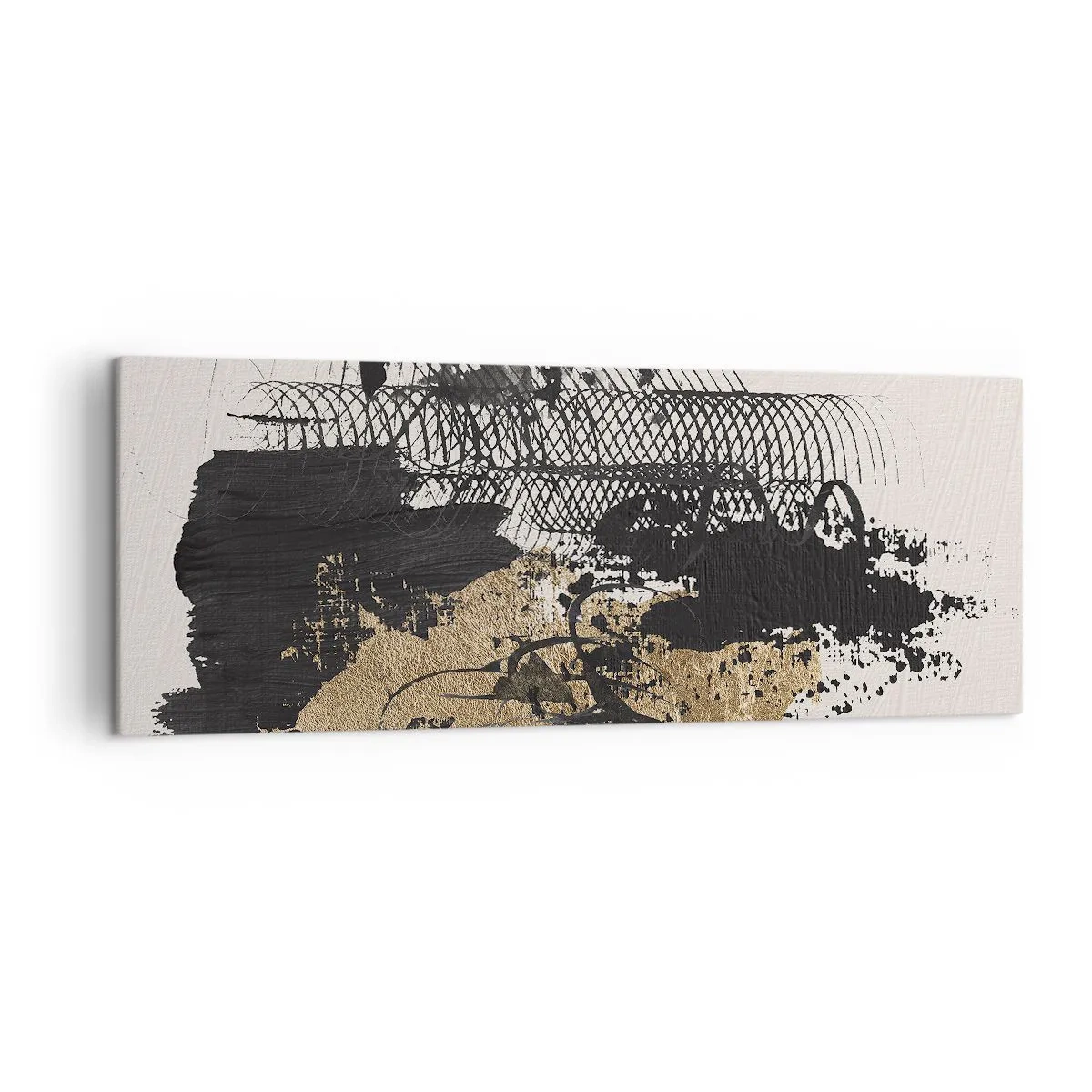 Bild auf Leinwand - Leinwandbild - Ein abstraktes Gemälde in Schwarz und Gold mit dynamischen Linien und Strukturen. - 140x50cm - Komposition mit Leidenschaft - Moderne Wanddekoration für Wohnzimmer und Schlafzimmer ARTTOR