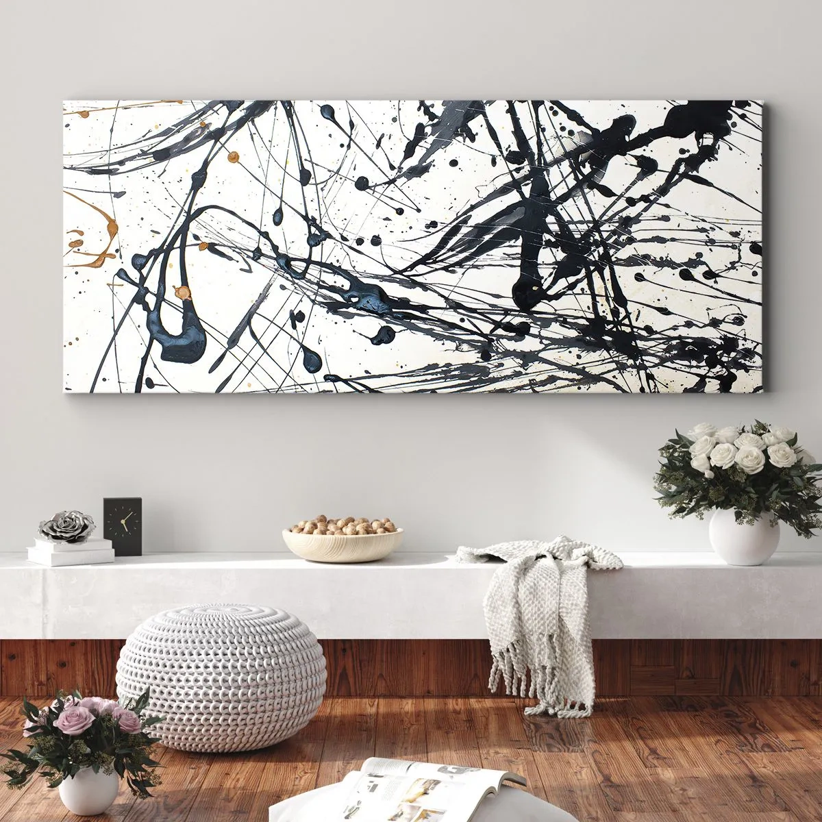 Bild auf Leinwand - Leinwandbild - Ein abstraktes Gemälde mit Farbspritzern in dynamischen Mustern. - 160x50cm - Expressionistische Abstraktion - Moderne Wanddekoration für Wohnzimmer und Schlafzimmer ARTTOR