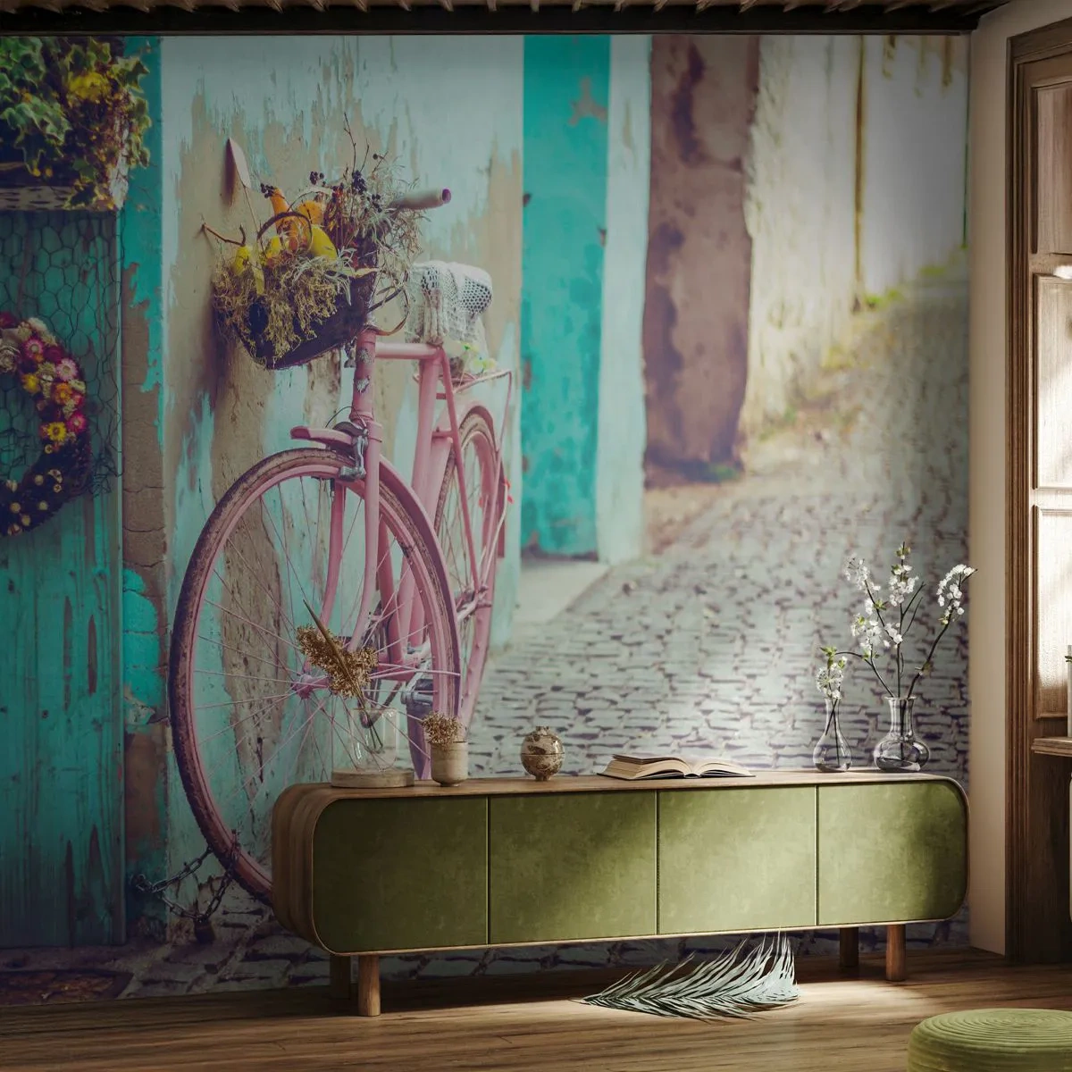 Fototapete Premium Sand - Ich komme gleich wieder - Fahrrad, Die Architektur, Blumen - 500x350 cm