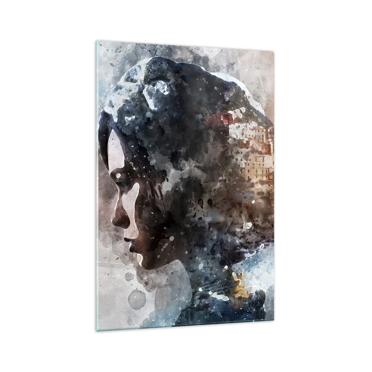 Glasbild - Bild auf glas - Porträt einer Frau, die ihr Gesicht mit einer Stadtlandschaft im Hintergrund kombiniert - 70x100cm - Eine Geschichte über ein Mädchen mit einer Stadt im Hintergrund - Moderne Wanddekoration für Wohnzimmer und Schlafzimmer ARTTOR