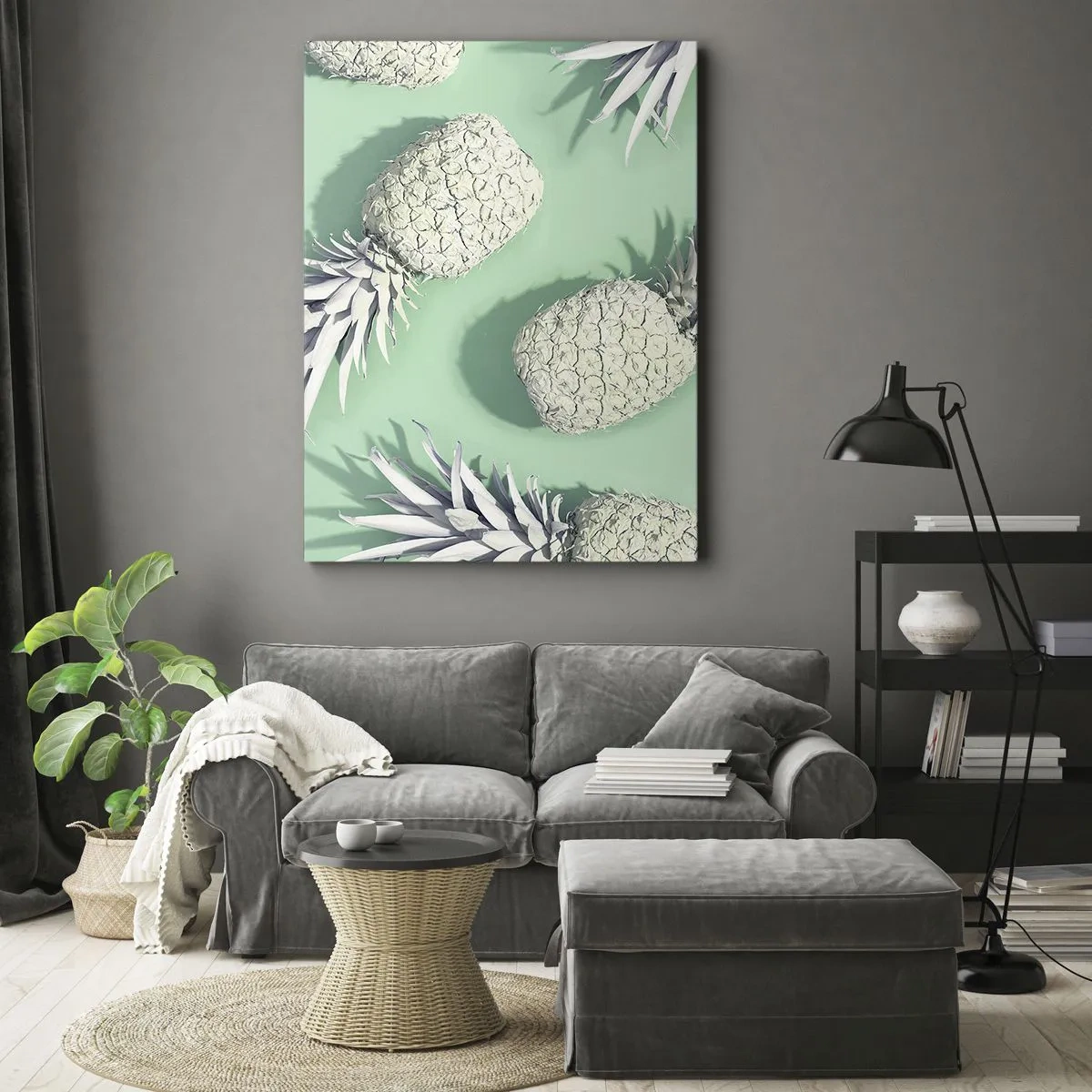 Bild auf Leinwand - Leinwandbild - Weiße Ananas auf pastellfarbenem Hintergrund im minimalistischen Stil - 70x100cm - Das passt gut zu Minze - Moderne Wanddekoration für Wohnzimmer und Schlafzimmer ARTTOR