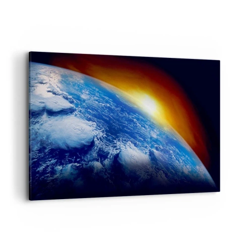 Bild auf Leinwand - Leinwandbild - Blick auf die Erde aus dem Weltraum bei Sonnenuntergang - 120x80cm - Sonnenaufgang über dem blauen Planeten - Moderne Wanddekoration für Wohnzimmer und Schlafzimmer ARTTOR