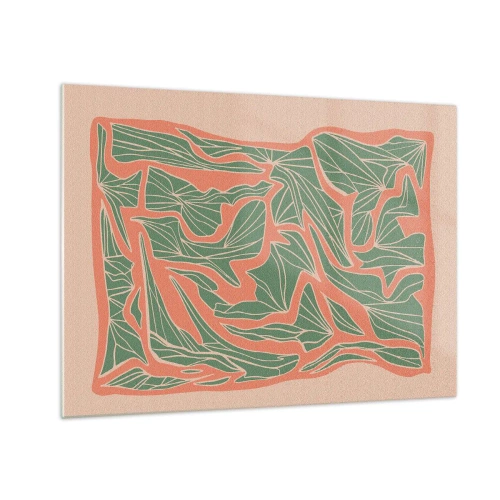 Glasbild - Bild auf glas - Grüne Blattformen, umgeben von einem Korallenrahmen auf beigem Hintergrund - 70x50cm - Kampf zwischen Korallen und Grün - Moderne Wanddekoration für Wohnzimmer und Schlafzimmer ARTTOR