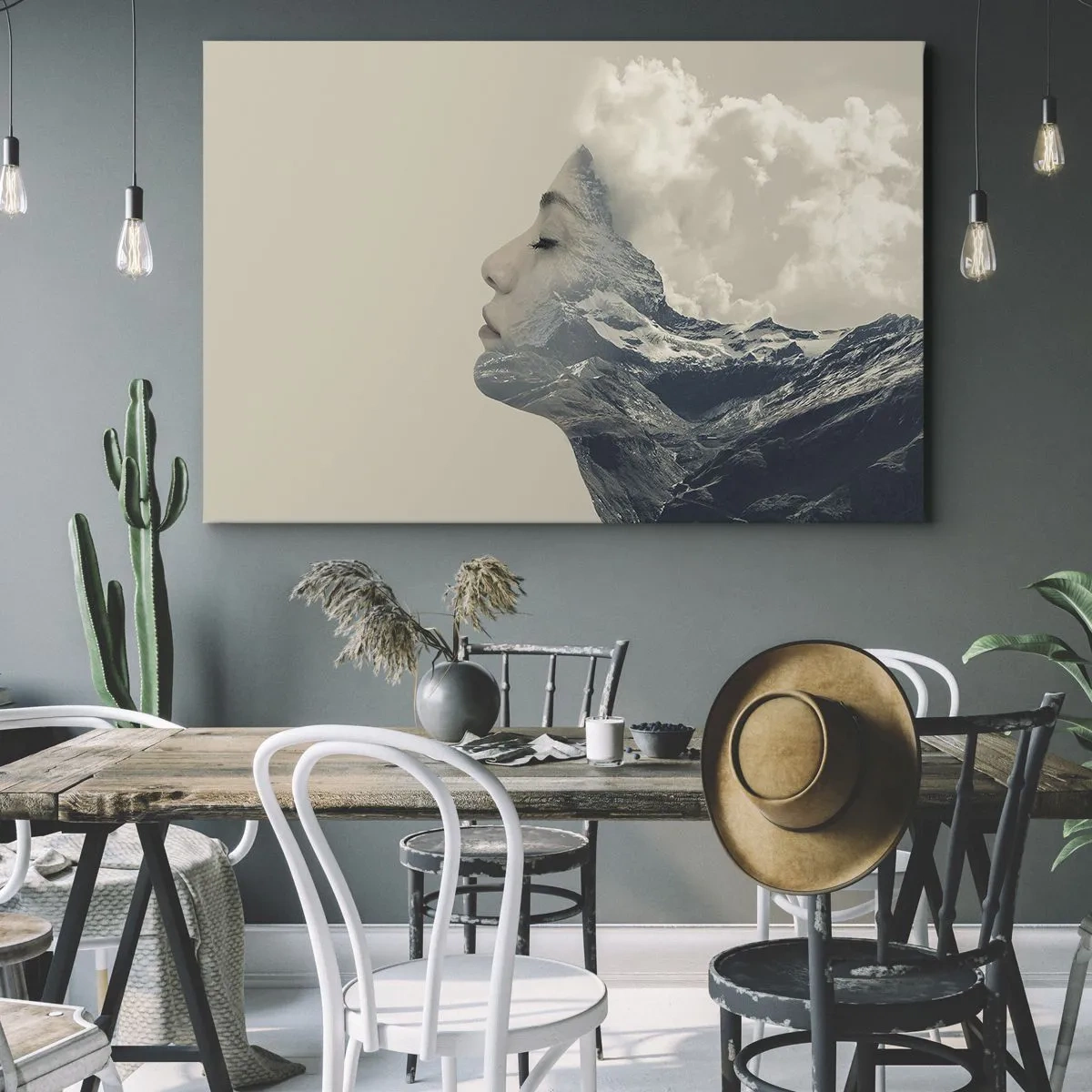 Bild auf Leinwand - Leinwandbild - Silhouette einer Frau mit einer Berglandschaft im Hintergrund - 70x50cm - Die Schönheit der Elemente der Natur - Moderne Wanddekoration für Wohnzimmer und Schlafzimmer ARTTOR