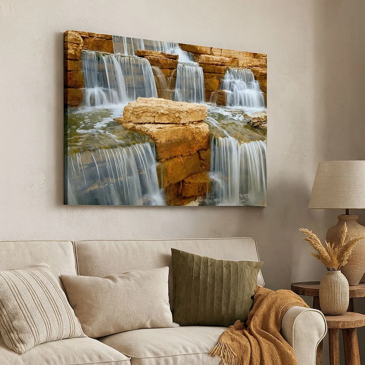 Bild auf Leinwand - Leinwandbild - Ein Wasserfall, der Steinstufen hinunterfließt - 70x50cm - Treppe zum Himmel - Moderne Wanddekoration für Wohnzimmer und Schlafzimmer ARTTOR