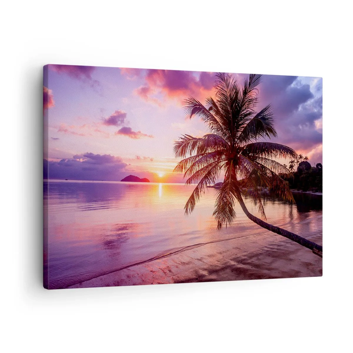 Bild auf Leinwand - Leinwandbild - Tropischer Strand mit Palmen bei Sonnenuntergang - 70x50cm - Behaglichkeit bis zum Horizont - Moderne Wanddekoration für Wohnzimmer und Schlafzimmer ARTTOR