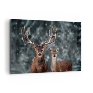 Bild auf Leinwand - Leinwandbild - Hirsche im verschneiten Winterwald - 120x80cm - Herr des Waldes mit seiner Frau - Moderne Wanddekoration für Wohnzimmer und Schlafzimmer ARTTOR