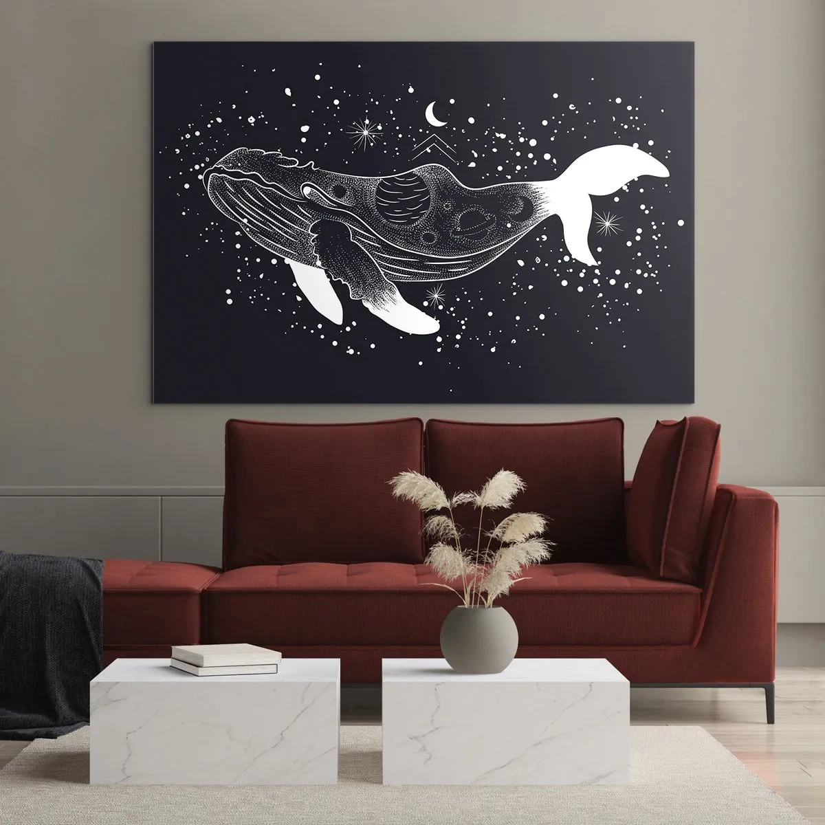 Glasbild - Bild auf glas - Grafische weiße Silhouette eines im Weltraum schwebenden Wals - 100x70cm - Im Ozean des Universums - Moderne Wanddekoration für Wohnzimmer und Schlafzimmer ARTTOR