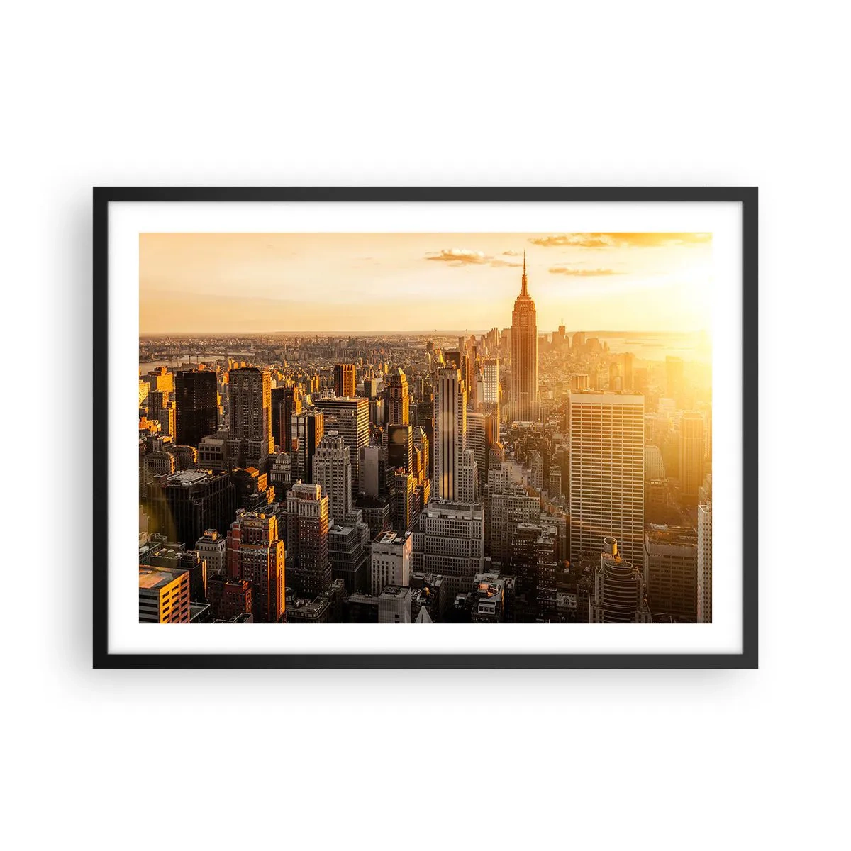 Poster in einem schwarzem Rahmen - Skyline von New York City bei Sonnenuntergang mit Blick auf das Empire State Building - 70x50cm - In der Sonne wachsen - Moderne Wanddekoration für Wohnzimmer und Schlafzimmer ARTTOR