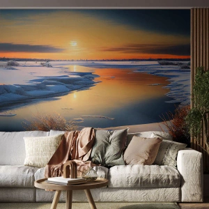 Fototapete Premium Sand - Ein schneebedeckter Fluss im Schein eines Wintersonnenuntergangs - 100x70cm - Wintersonnenuntergang - Moderne Wanddekoration für Wohnzimmer und Schlafzimmer ARTTOR