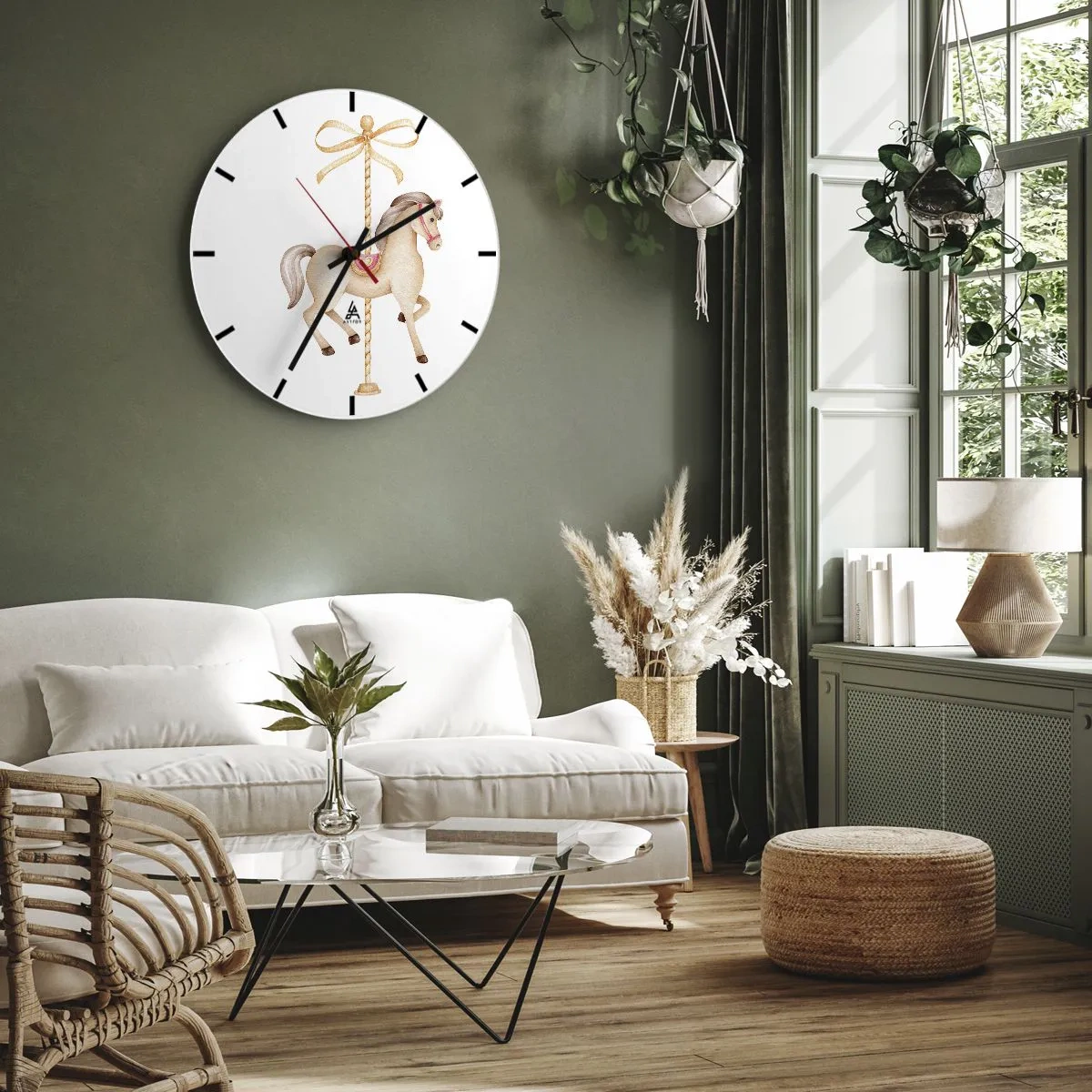 Wanduhr - Glasuhr - Ein hellbraunes Karussellpferd auf einem Hintergrund mit einer dekorativen Schleife - 30x30cm - Anmutiger Trab - Moderne Wanddekoration für Wohnzimmer, Küche und Schlafzimmer ARTTOR