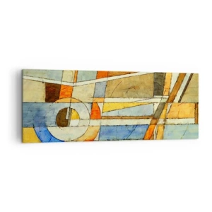 Bild auf Leinwand - Leinwandbild - Geometrische Abstraktion in Beige-, Blau- und Orangetönen - 140x50cm - Kubismus auf der Baustelle - Moderne Wanddekoration für Wohnzimmer und Schlafzimmer ARTTOR