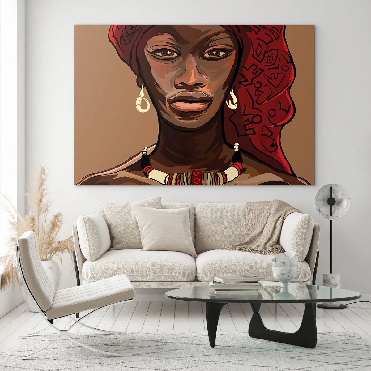 Glasbild - Bild auf glas - Stilisiertes Porträt einer Frau mit rotem Turban und Schmuck. - 70x50cm - Venus aus Ebenholz  - Moderne Wanddekoration für Wohnzimmer und Schlafzimmer ARTTOR