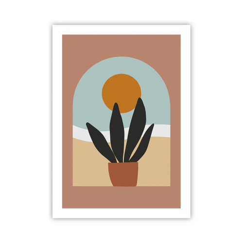 Poster - Eine Topfpflanze vor einem Bogen mit einem Sonnenuntergang im Hintergrund - 50x70cm - Kleine Freuden - Moderne Wanddekoration für Wohnzimmer und Schlafzimmer ARTTOR