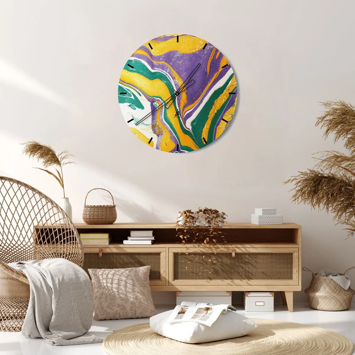Wanduhr - Glasuhr - Abstrakte Muster in Lila-, Gelb- und Grüntönen - 30x30cm - Farbwellen - Moderne Wanddekoration für Wohnzimmer, Küche und Schlafzimmer ARTTOR