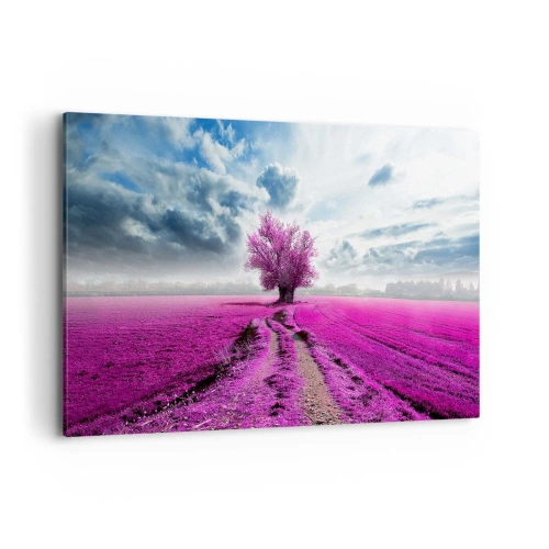 Bild auf Leinwand - Leinwandbild - Ein einsamer Baum auf einem Feld in einem intensiven Rosaton - 120x80cm - Heide - Wildnis - Moderne Wanddekoration für Wohnzimmer und Schlafzimmer ARTTOR
