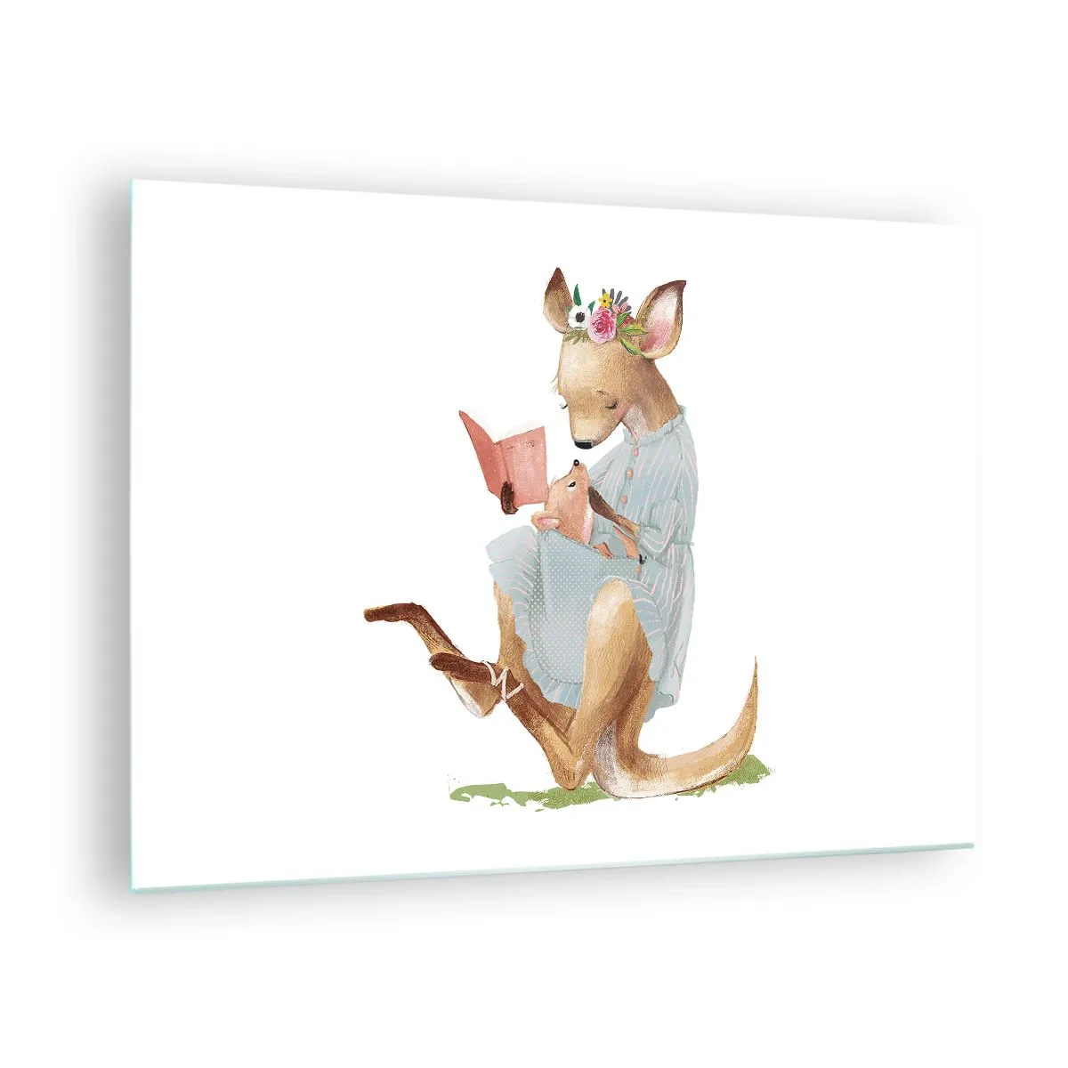 Glasbild - Bild auf glas - Eine Känguru-Mutter liest einem Känguru-Baby ein Buch vor - 70x50cm - Lies mir vor Mama - Moderne Wanddekoration für Wohnzimmer und Schlafzimmer ARTTOR