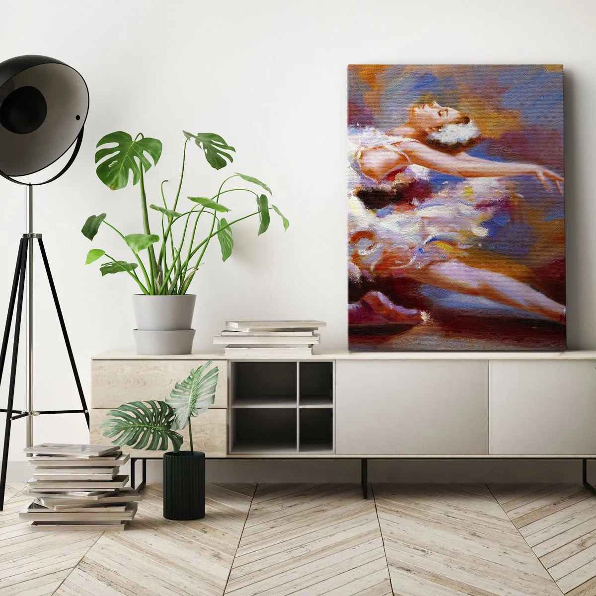 Bild auf Leinwand - Leinwandbild - Eine Ballerina in dynamischer Pose inmitten von Pastellfarben. - 80x120cm - Schwan Gnade - Moderne Wanddekoration für Wohnzimmer und Schlafzimmer ARTTOR