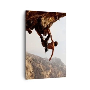 Bild auf Leinwand - Leinwandbild - Ein Kletterer auf einer steilen Klippe in den Bergen im Sonnenschein - 80x120cm - Die Welt ist in einer Hand auf einem Felsblock geschrumpft - Moderne Wanddekoration für Wohnzimmer und Schlafzimmer ARTTOR