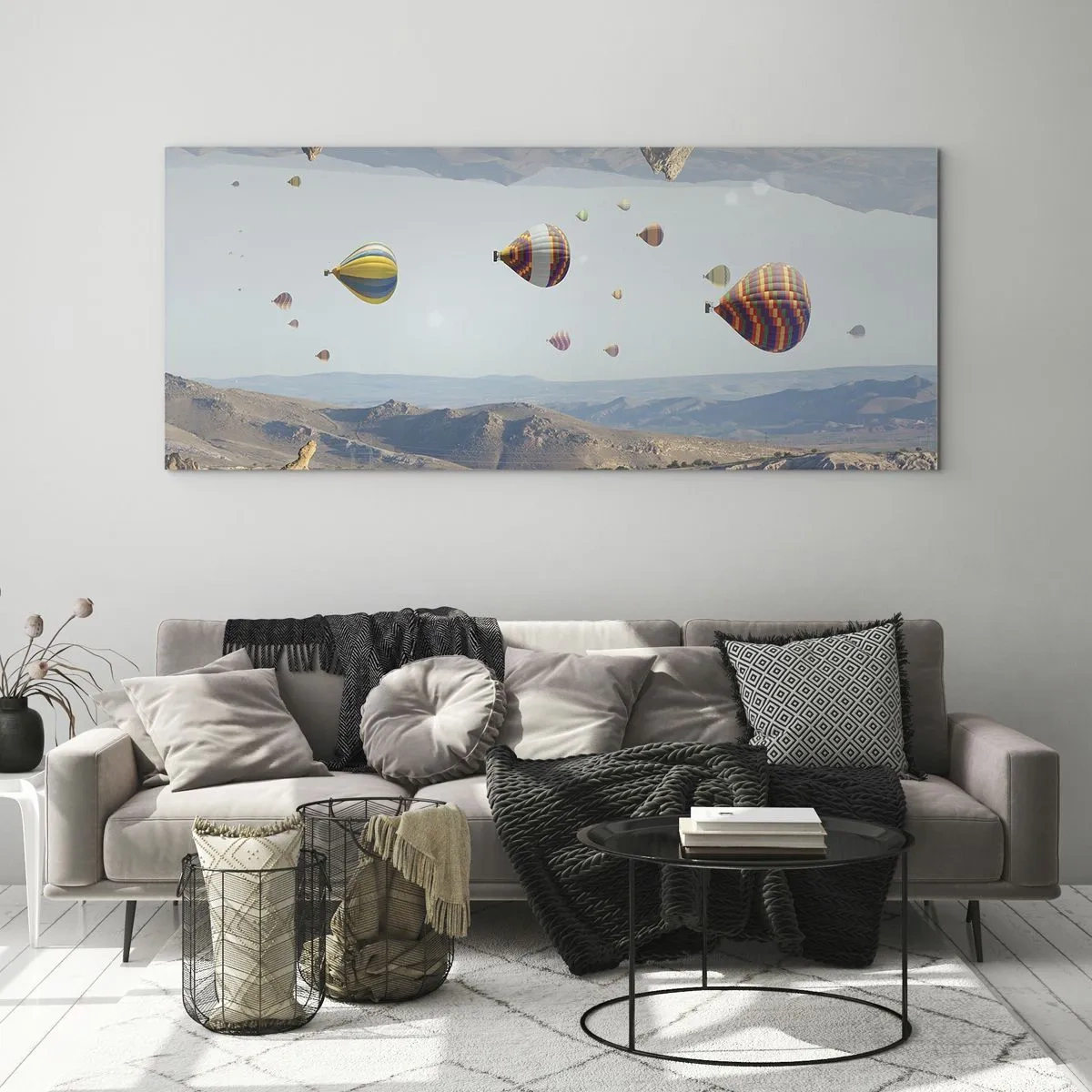 Glasbild - Bild auf glas - Bunte Ballons über einer felsigen Landschaft - 160x50cm - Hier ist alles möglich - Moderne Wanddekoration für Wohnzimmer und Schlafzimmer ARTTOR