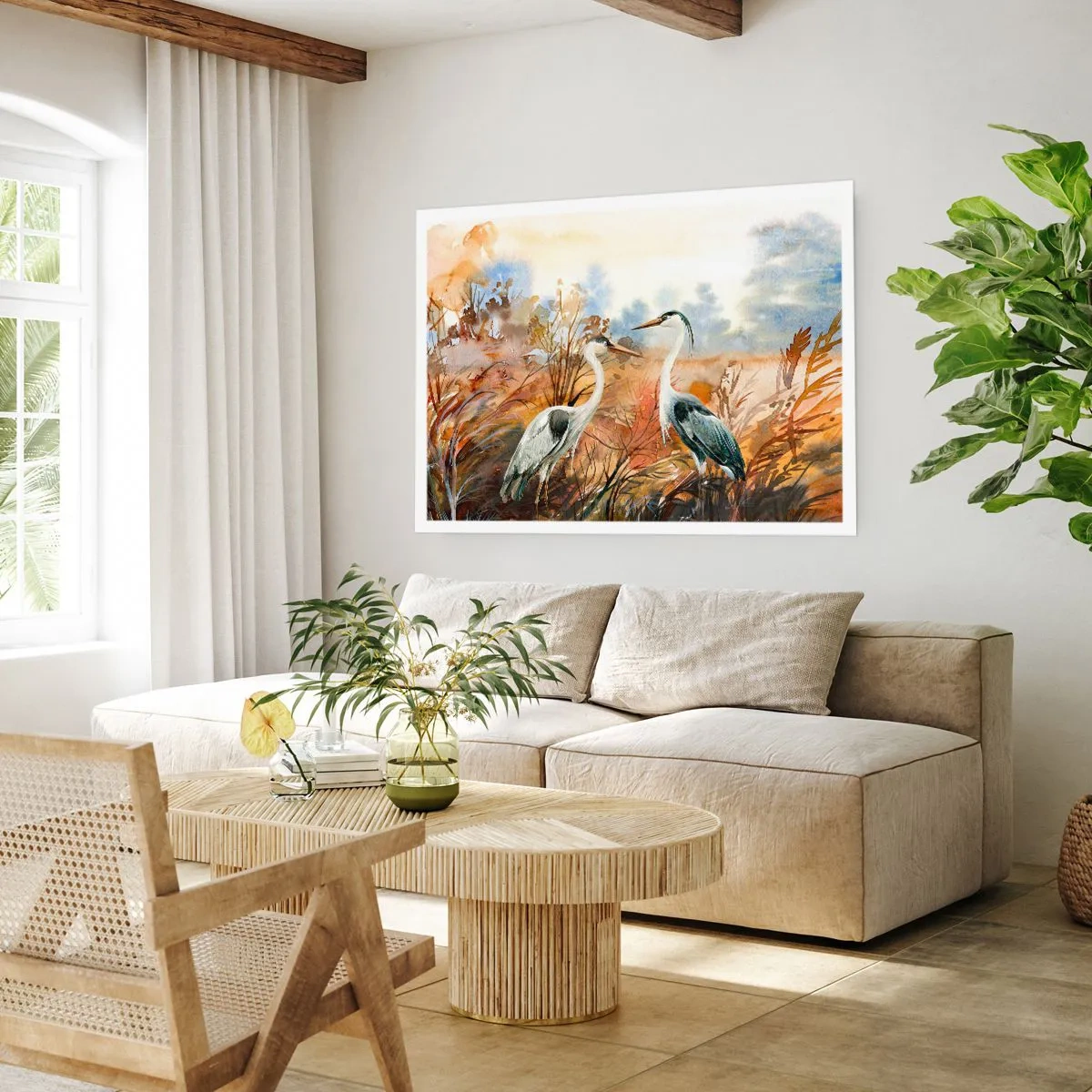 Poster - Zwei Reiher vor dem Hintergrund einer herbstlichen Landschaft - 100x70cm - Wohin im Herbst? - Moderne Wanddekoration für Wohnzimmer und Schlafzimmer ARTTOR