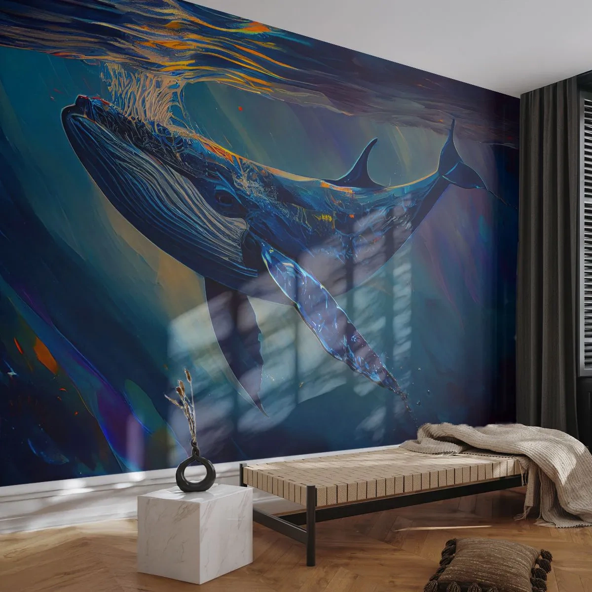 Fototapete Premium Sand - Ein Wal schwimmt unter der Wasseroberfläche im Licht und den Farben des Ozeans - 100x70cm - Willkommen in meiner Welt - Moderne Wanddekoration für Wohnzimmer und Schlafzimmer ARTTOR
