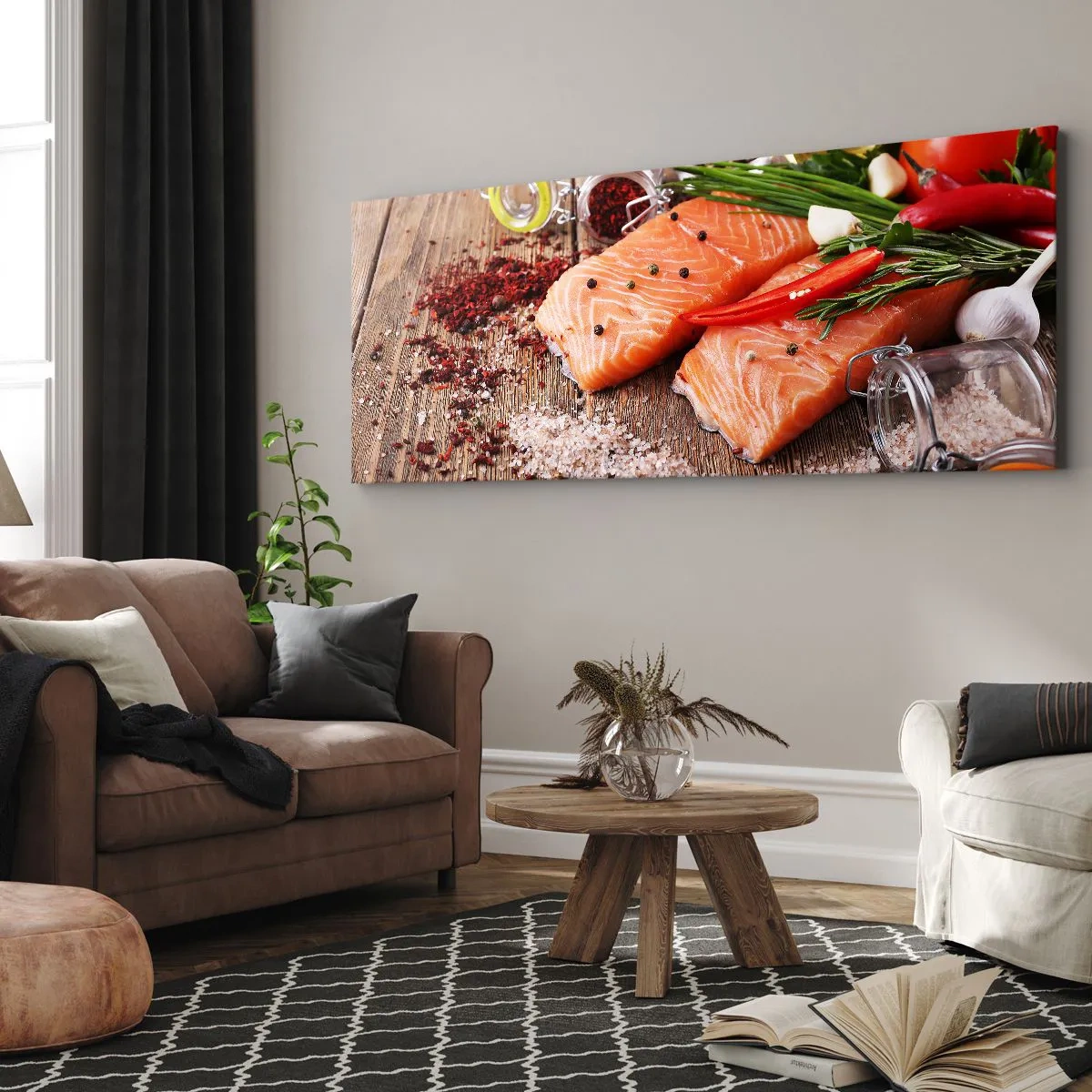 Bild auf Leinwand - Leinwandbild - Lachsfilets mit Gewürzen auf Holzhintergrund - 160x50cm - Norwegisches Abenteuer in der Küche - Moderne Wanddekoration für Wohnzimmer und Schlafzimmer ARTTOR
