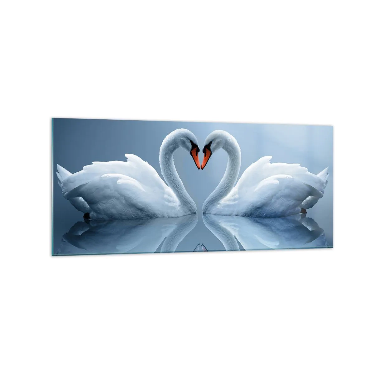 Glasbild - Bild auf glas - Zwei Schwäne bilden ein Herz auf einer ruhigen Wasseroberfläche - 120x50cm - Zeit für die Liebe - Moderne Wanddekoration für Wohnzimmer und Schlafzimmer ARTTOR