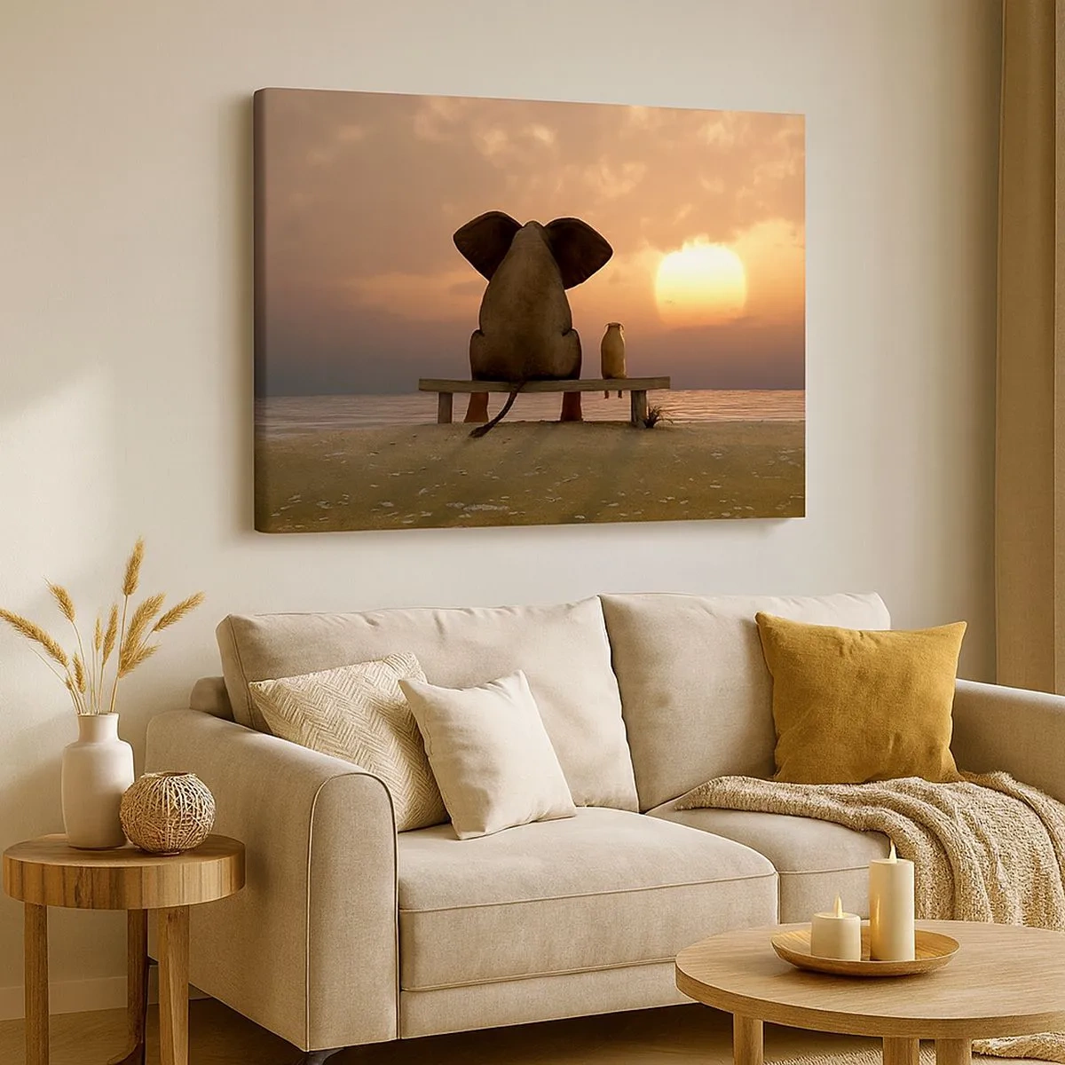 Bild auf Leinwand - Leinwandbild - Ein Elefant und ein Hund sitzen während des Sonnenuntergangs auf einer Bank am Strand. - 70x50cm - Es tut gut zusammen zu schweigen - Moderne Wanddekoration für Wohnzimmer und Schlafzimmer ARTTOR