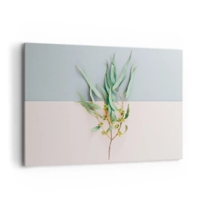 Bild auf Leinwand - Leinwandbild - Ein Zweig mit Blättern auf einem Hintergrund in Pastelltönen - 100x70cm - Pastellige Subtilität - Moderne Wanddekoration für Wohnzimmer und Schlafzimmer ARTTOR