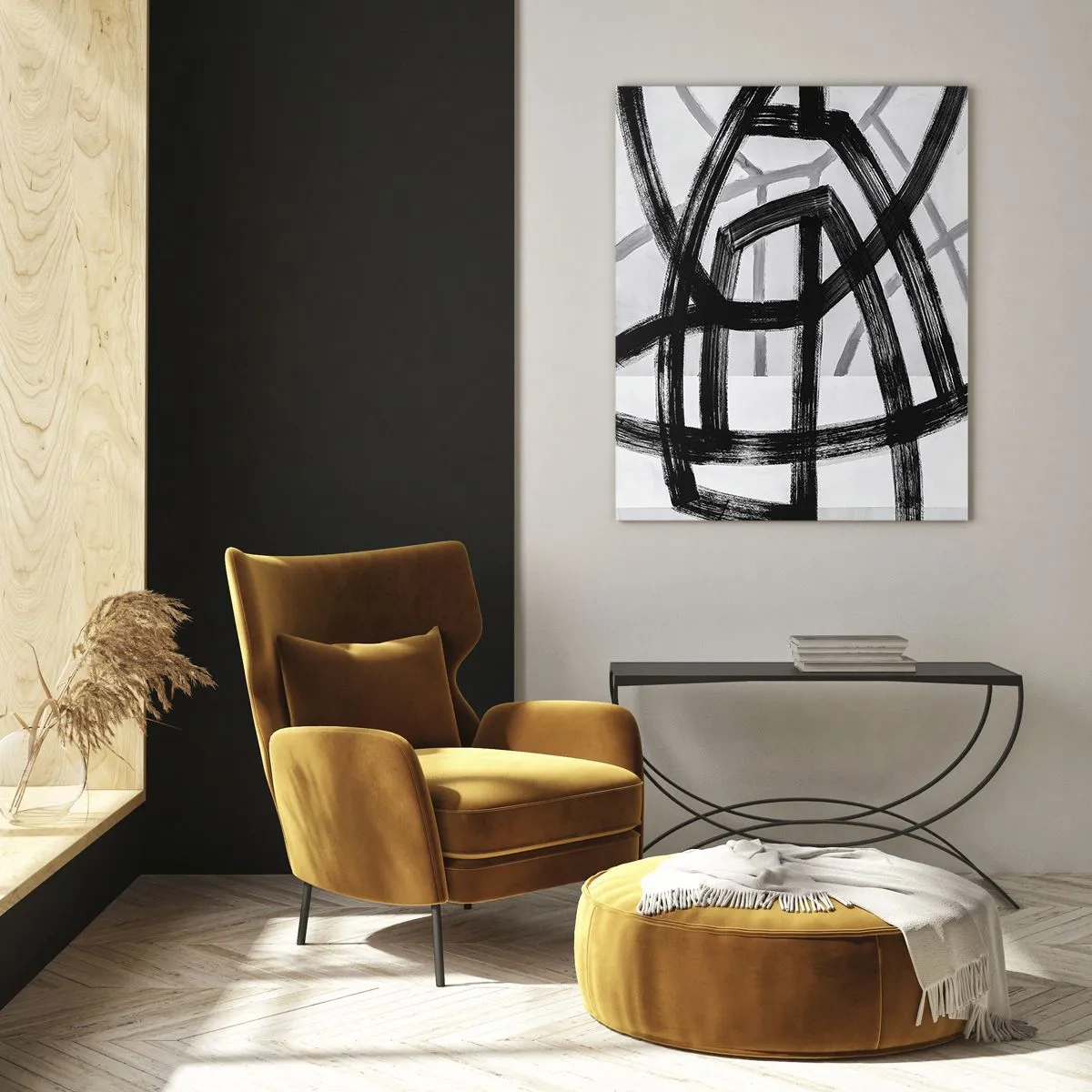 Glasbild - Bild auf glas - Schwarze und graue Pinselstriche erzeugen ein dynamisches Liniennetz. - 50x70cm - Bautiefe - Moderne Wanddekoration für Wohnzimmer und Schlafzimmer ARTTOR
