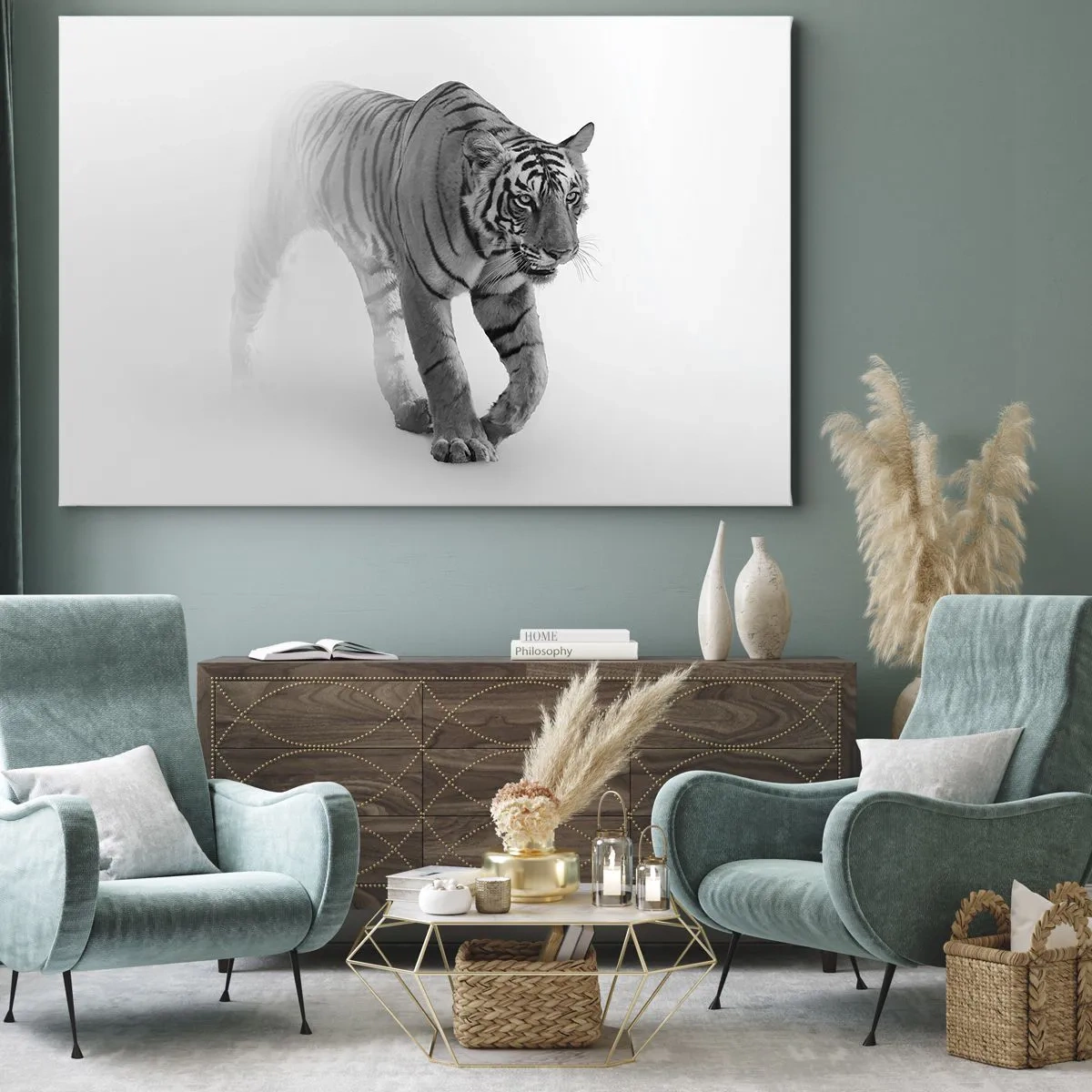 Bild auf Leinwand - Leinwandbild - Ein Tiger taucht aus dem Nebel auf - 100x70cm - Im Nebel gelauert - Moderne Wanddekoration für Wohnzimmer und Schlafzimmer ARTTOR