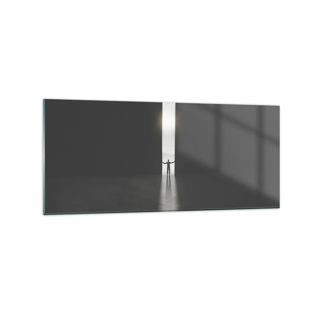 Glasbild - Bild auf glas - Ein Mann steht im Licht eines schmalen Schlitzes in einem dunklen Raum - 120x50cm - Ein Schritt in eine strahlende Zukunft - Moderne Wanddekoration für Wohnzimmer und Schlafzimmer ARTTOR