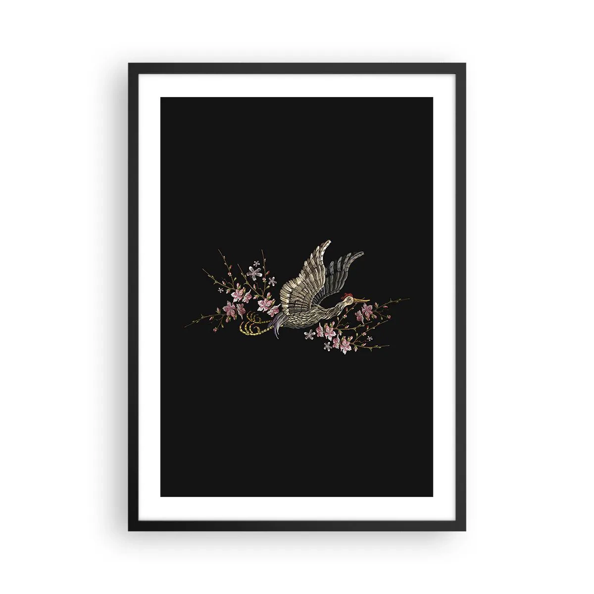 Poster in einem schwarzem Rahmen - Ein Kranich, umgeben von blühenden Zweigen auf schwarzem Hintergrund - 50x70cm - Exotischer gestickter Vogel - Moderne Wanddekoration für Wohnzimmer und Schlafzimmer ARTTOR