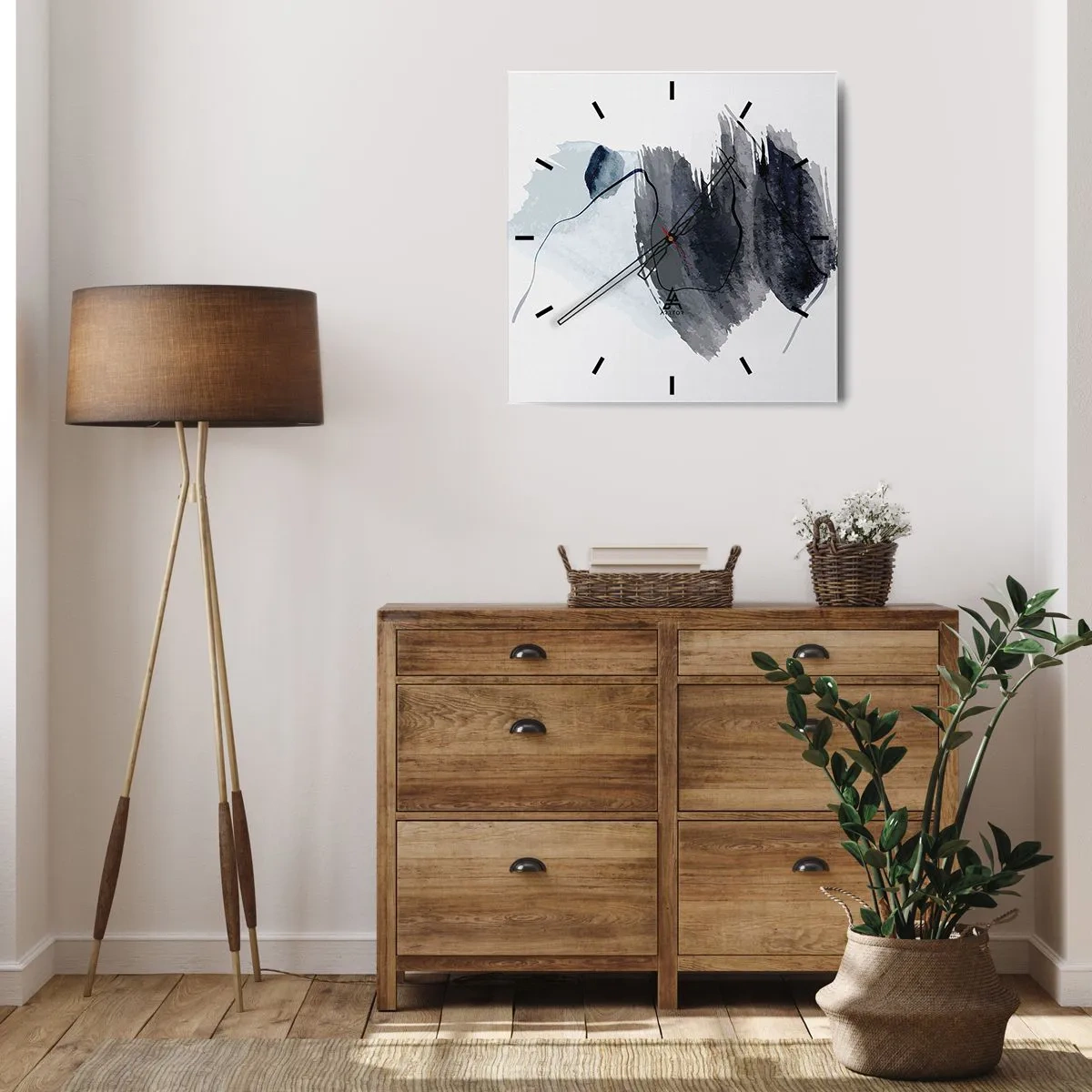 Wanduhr - Glasuhr - Abstrakte Komposition in Grau- und Blautönen - 30x30cm - Intensität und Bewegung - Moderne Wanddekoration für Wohnzimmer und Schlafzimmer ARTTOR