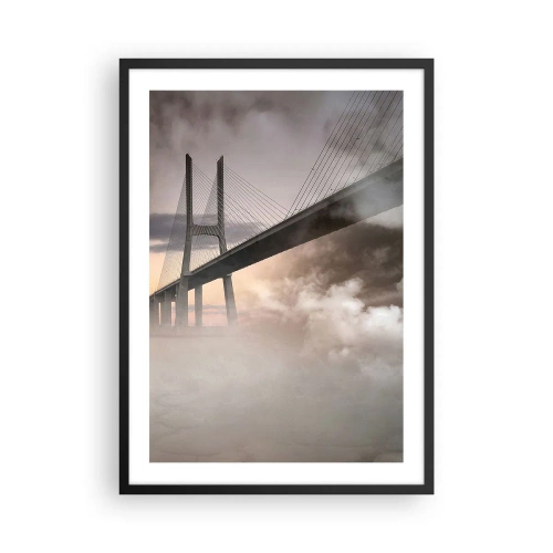 Poster in einem schwarzem Rahmen - Eine Brücke im Nebel bei Sonnenaufgang - 50x70cm - Auf dem Fluss, den es nicht gibt - Moderne Wanddekoration für Wohnzimmer und Schlafzimmer ARTTOR
