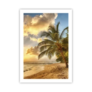 Poster - Strand mit Palmen und goldenem Sonnenuntergang - 50x70cm - Ewiger Sommer, immer Urlaub - Moderne Wanddekoration für Wohnzimmer und Schlafzimmer ARTTOR