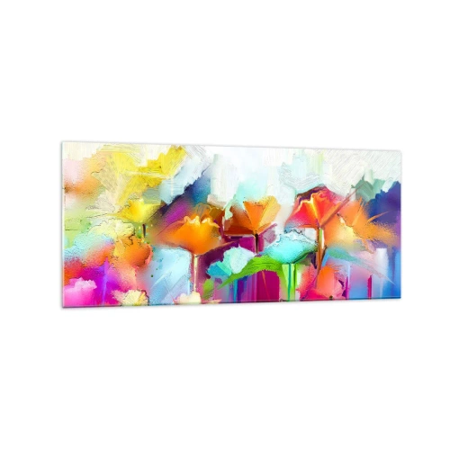 Glasbild - Bild auf glas - Abstrakte bunte Blumen auf hellem Hintergrund - 120x50cm - Der Regenbogen ist aufgeblüht - Moderne Wanddekoration für Wohnzimmer und Schlafzimmer ARTTOR