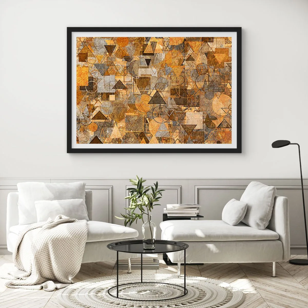 Poster in einem schwarzem Rahmen - Abstrakte geometrische Muster in Goldtönen - 100x70cm - Die Welt in Form - Moderne Wanddekoration für Wohnzimmer und Schlafzimmer ARTTOR