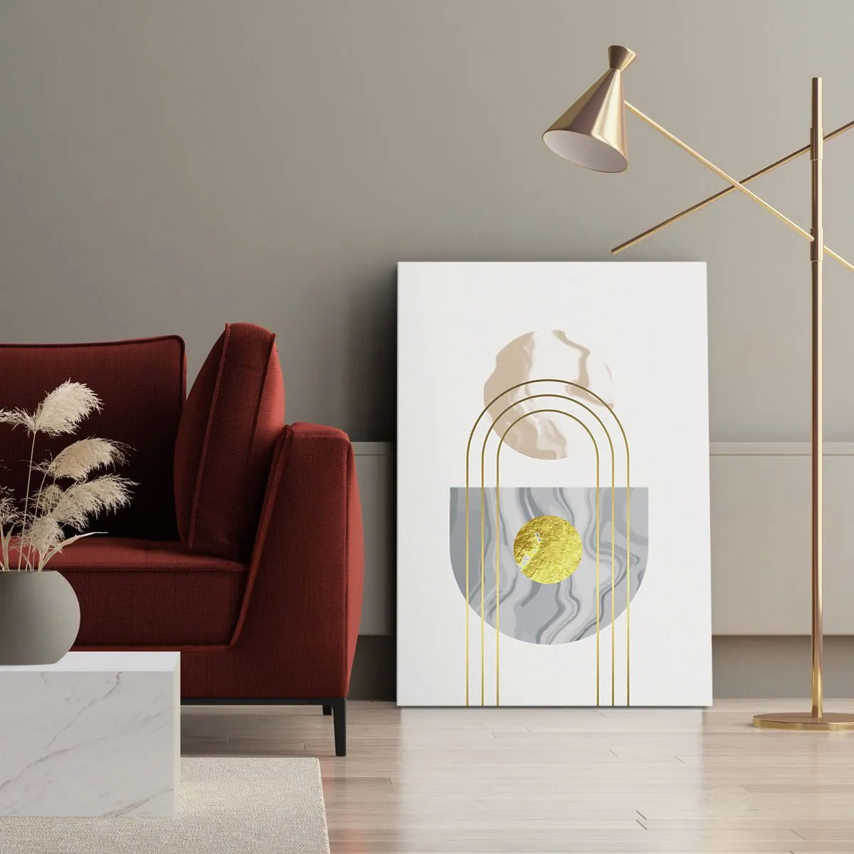 Bild auf Leinwand - Leinwandbild - Abstrakte Komposition mit Kreisen und goldenen Linien auf hellem Hintergrund. - 80x120cm - Helligkeit und Brillanz - Moderne Wanddekoration für Wohnzimmer und Schlafzimmer ARTTOR