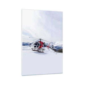 Glasbild - Bild auf glas - Ein roter Hubschrauber vor einer verschneiten Berglandschaft. - 70x100cm - Immer bereit - Moderne Wanddekoration für Wohnzimmer und Schlafzimmer ARTTOR