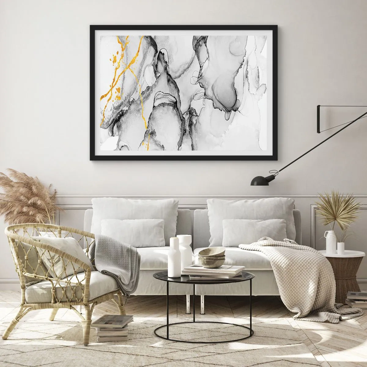 Poster in einem schwarzem Rahmen - Abstrakte schwarz-weiße Muster mit goldenen Akzenten - 100x70cm - Komposition mit Goldmotiv - Moderne Wanddekoration für Wohnzimmer und Schlafzimmer ARTTOR