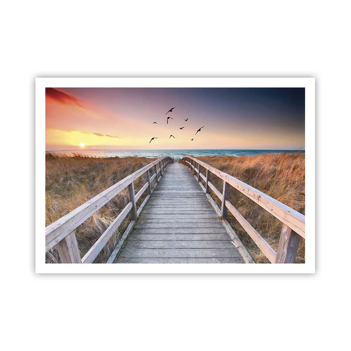 Poster - Holzsteg zum Strand bei Sonnenuntergang - 100x70cm - Der Raum für Auffliegen - Moderne Wanddekoration für Wohnzimmer und Schlafzimmer ARTTOR