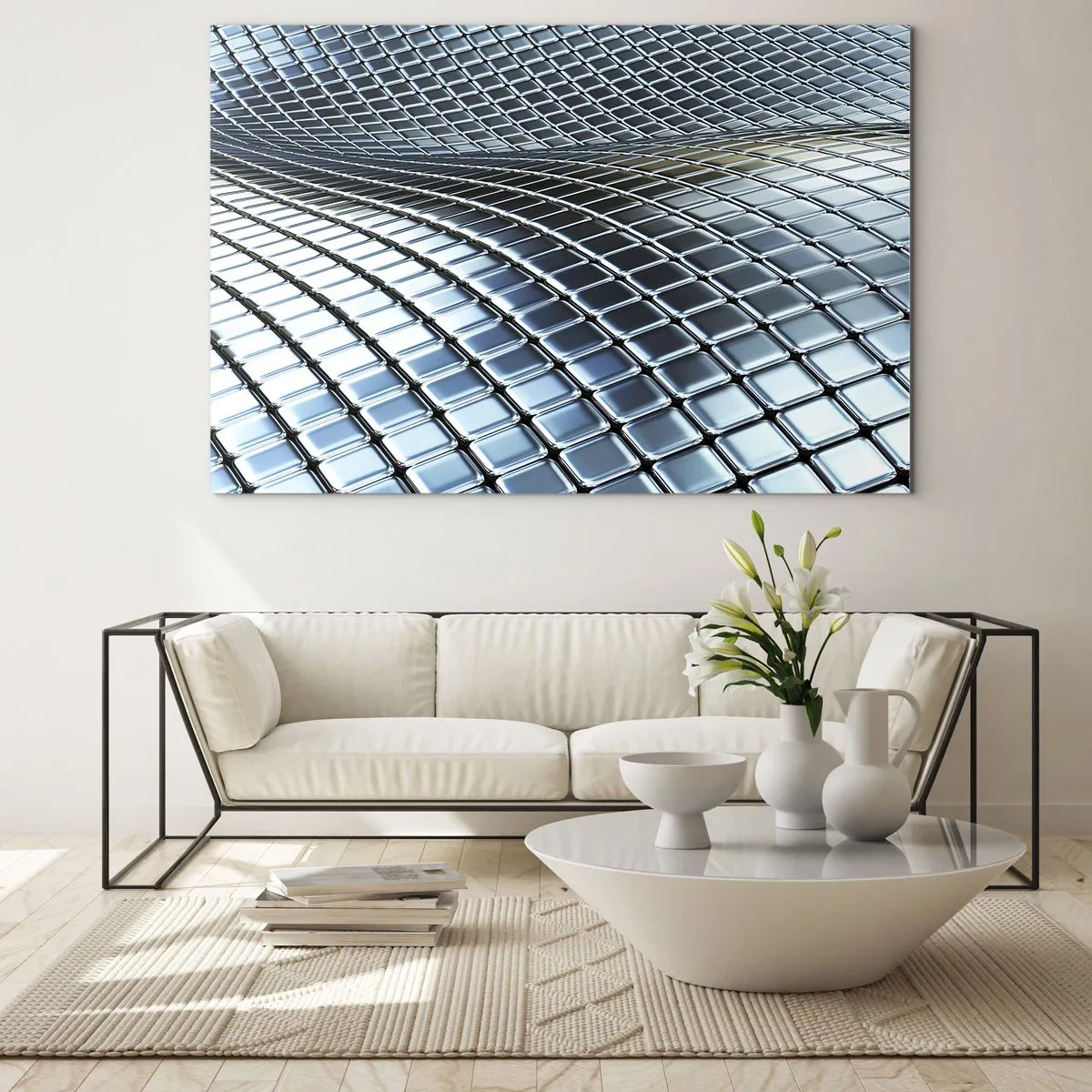 Glasbild - Bild auf glas - Abstrakte Oberfläche mit glänzenden Metallquadraten - 70x50cm - Metallische silberne Welle - Moderne Wanddekoration für Wohnzimmer und Schlafzimmer ARTTOR