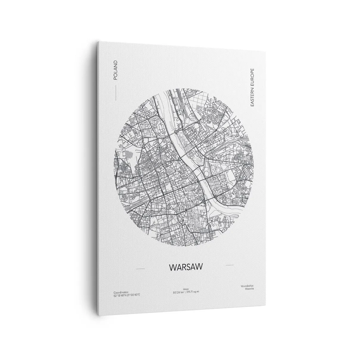 Bild auf Leinwand - Leinwandbild - Eine Karte von Warschau im minimalistischen Stil - 70x100cm - Anatomie von Warschau - Moderne Wanddekoration für Wohnzimmer und Schlafzimmer ARTTOR
